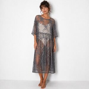 Oversized Sheer Gray Lace Dress Short Sleeved Embroidered Coastal Grandma Fairy
